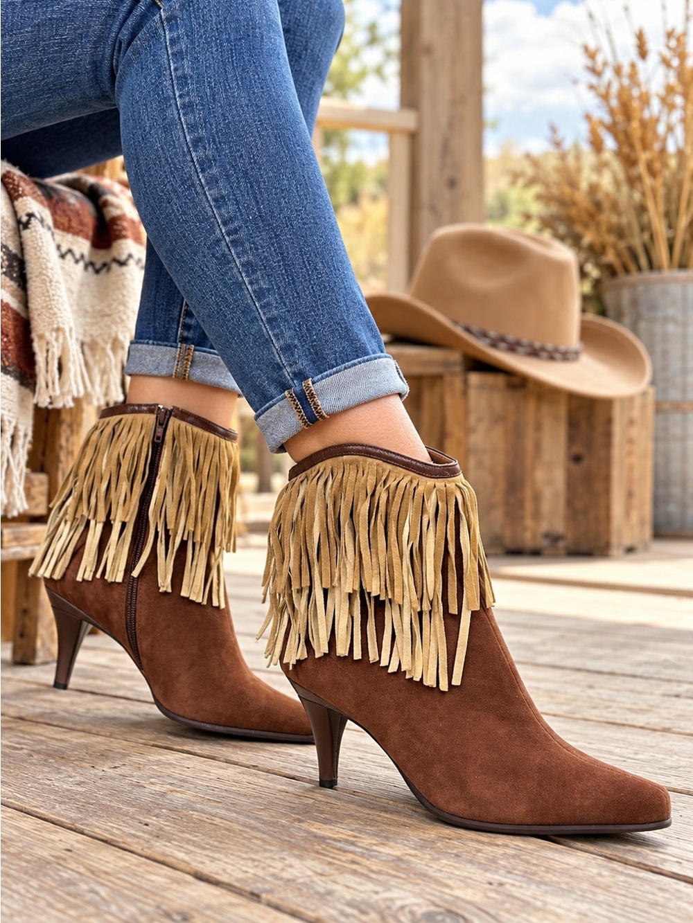 Brown Suede Leather Fringe Ankle Boots Women Ss 8 Western Boho Zip Heel Festival